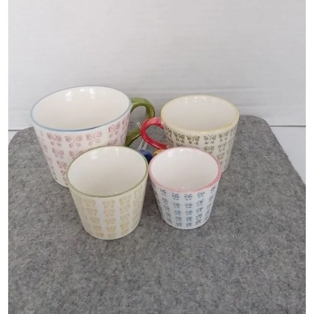 Pier 1 Imports Butterfly Pattern Ceramic Cups Set -‎ Colorful Handles - Vintage